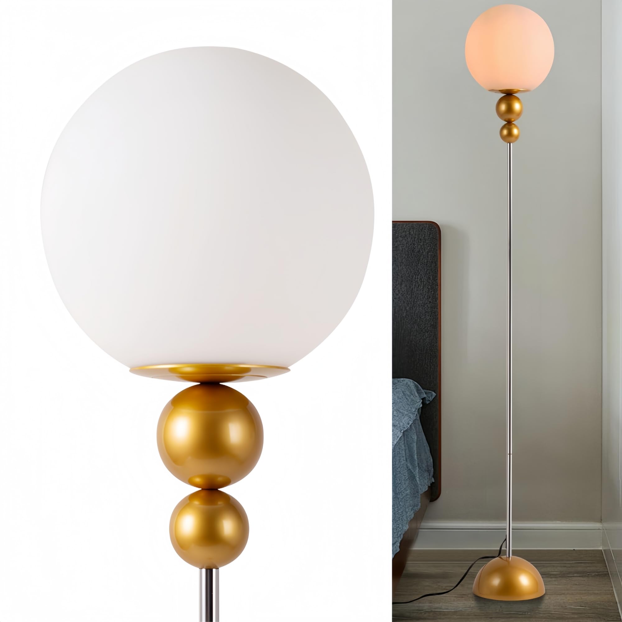 modern glass floor lamp for bedroom, 63'' vintage mid-century floor lamp with milky white frosted glass globe shade for living room corner, slim standing reading lamp for office decor (gold)