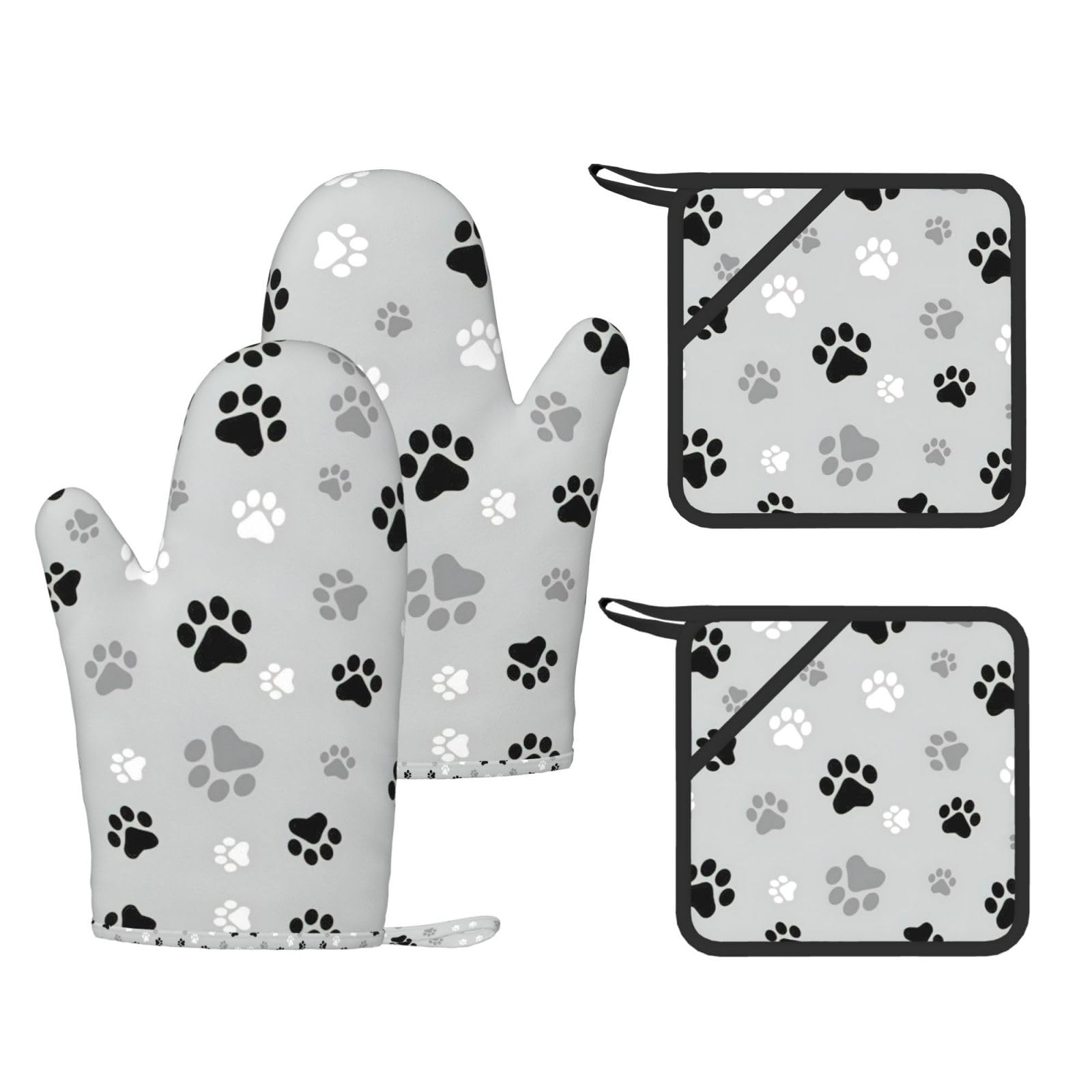 Animal Paw Prints Printed Potholder and Oven Mitt Set of 4, High Heat Resistant Cooking Gloves for BBQ Grilling