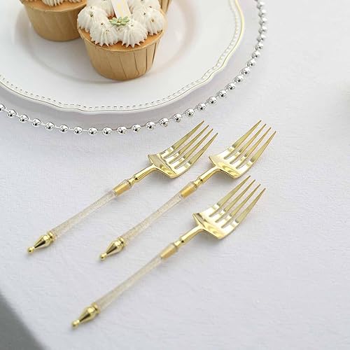 Efavormart - Juego de 24 tenedores de plástico estilo europeo con purpurina dorada de 6 pulgadas con mango de columna romana, utensilios desechables