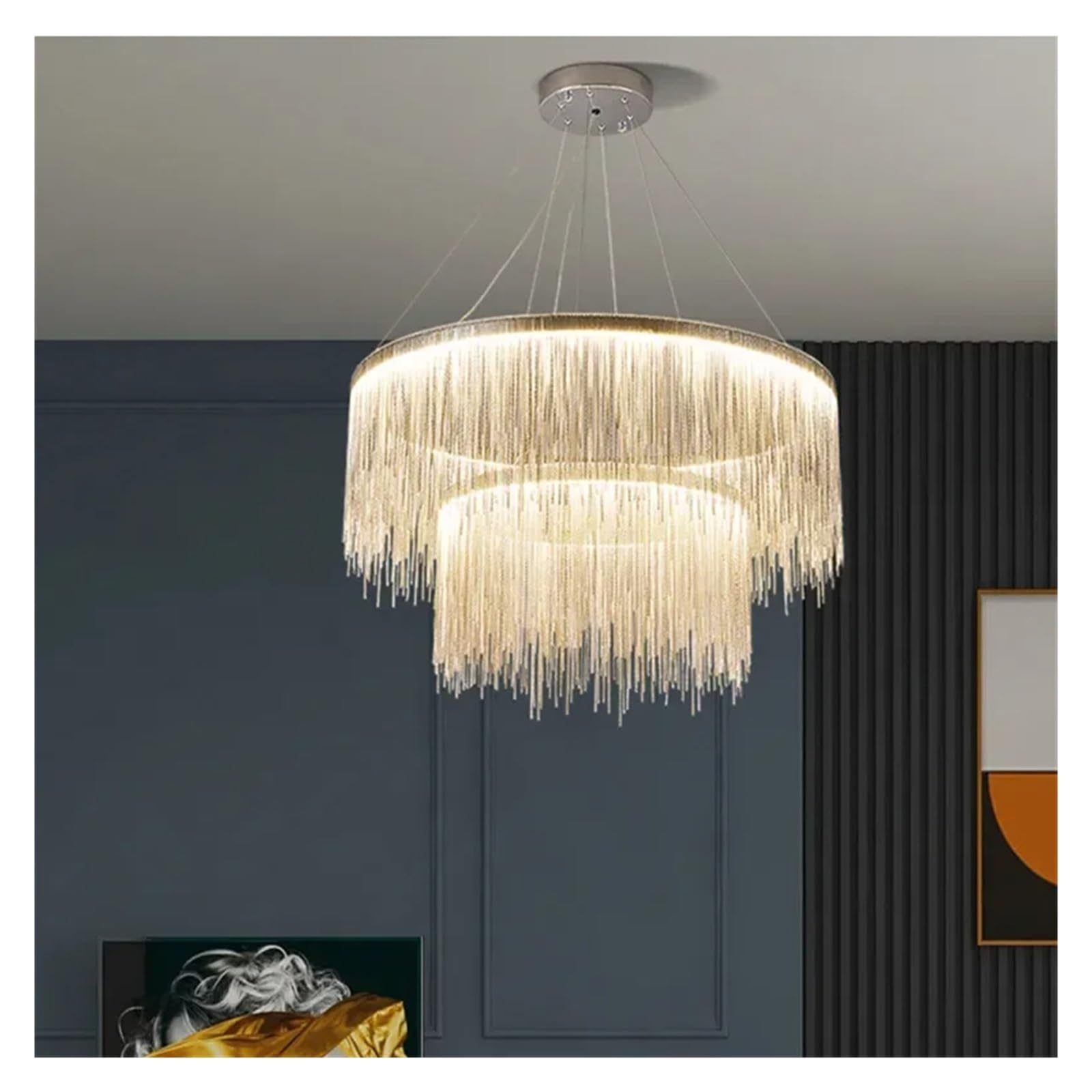 Lustre cascade LED en franges métalliques haut de gamme