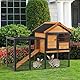 PawHut Kaninchenstall erhöhtes Haustier Haus Kleintierstall mit Freilaufgehege, Abschließbare Tür Outdoor Holz-Metall Hellgelb 122 x 63 x 92 cm