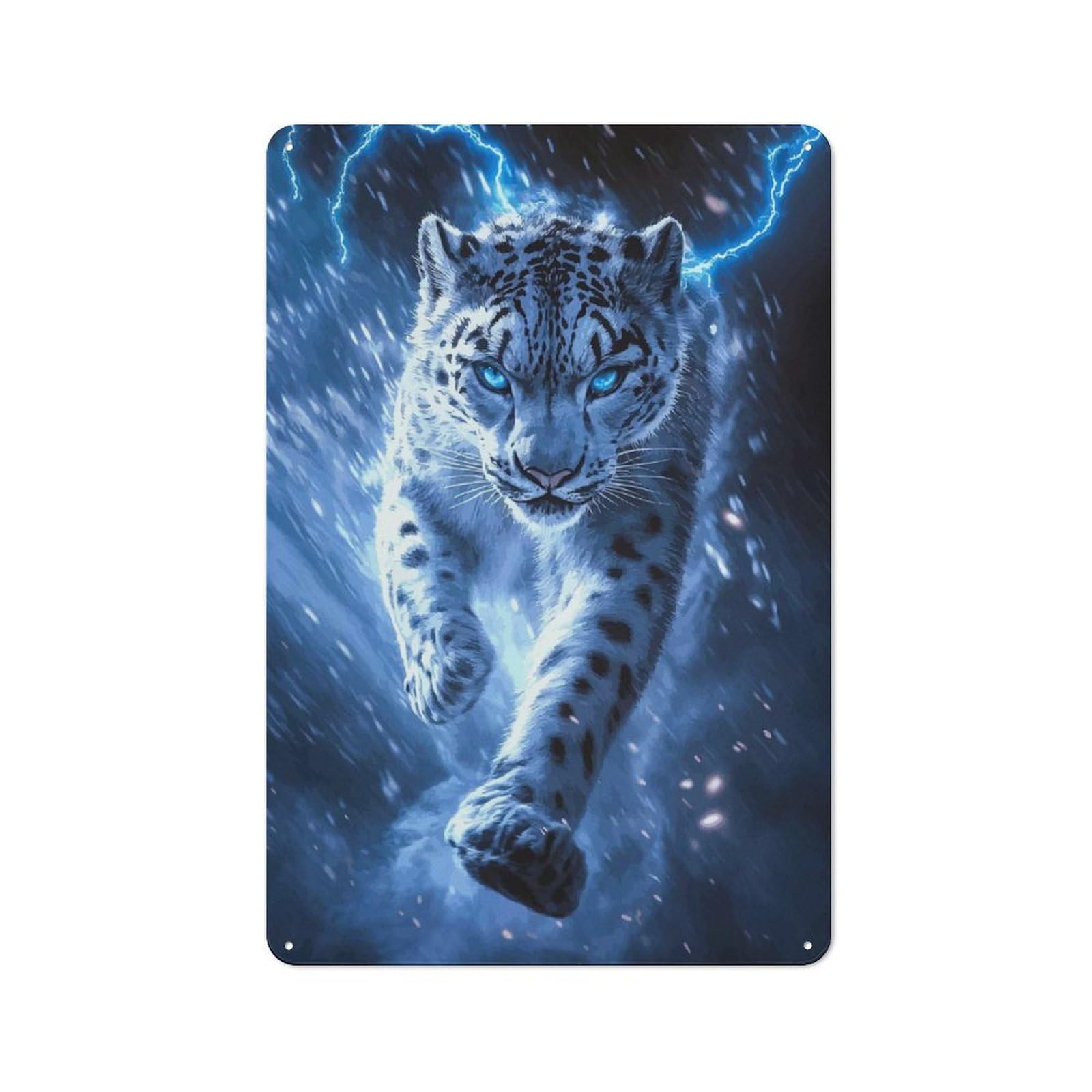 Snow Leopard with Lightning Decorative Metal Plaque, Bright Printed Design, for Washroom, Small Wall Space Or Hallway, 30x20cm