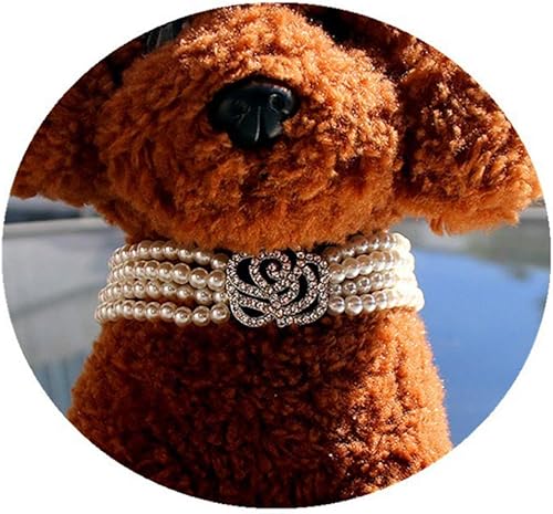 Miniatura 2 de RayMinsino Collar para mascotas con cuatro filas de perlas y diamantes de punto de perlas, joyería ajustable con flores de rosa para gatos y perros