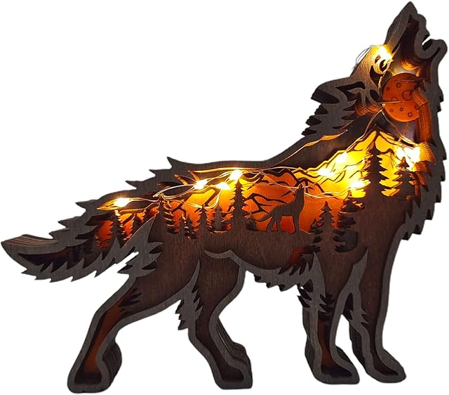 Lazyspace 3D Wooden Creative Forest Animal Decor, Wooden Brown Bear Desktop Ornament with Light,Multi-Layer 3D Carved Craft Handmade Wooden Wolf Silhouette Forest Animal Decor for Table