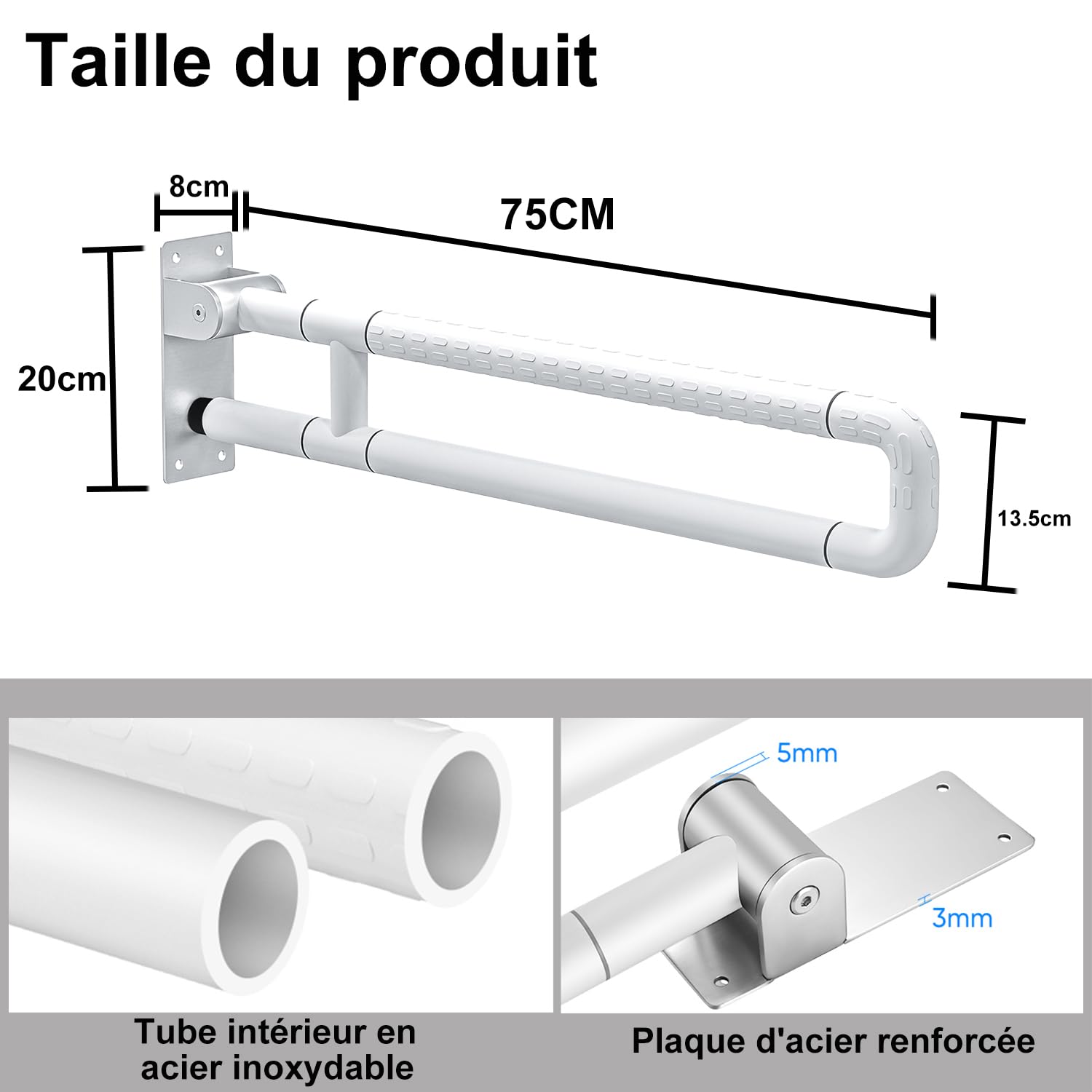 Barra de apoyo de inodoro de 75 cm, barra de soporte plegable para inodoro y baño, soporte rígido de 300 a 350 kg, acero inoxidable con superficie antideslizante para personas mayores y personas