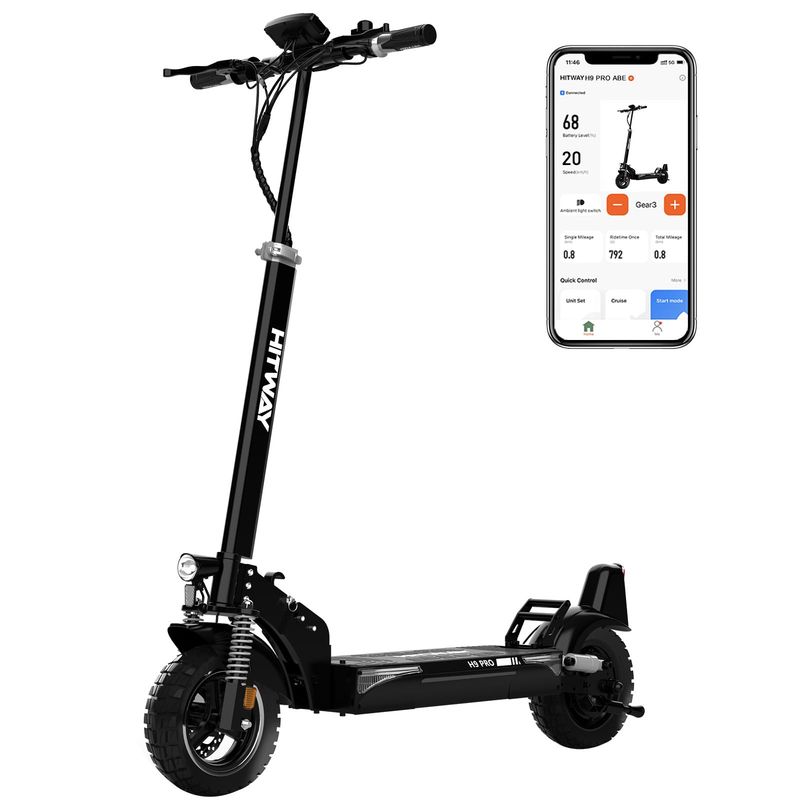 HITWAY H9 E Scooter mit straßenzulassung, 10-Zoll-Faltbarer Elektroroller, Doppelte Stoßdämpfer, Batterie 48V 15.6Ah-27Ah, 500-W-Motor, Reichweite 70-110KM, Geschwindigkeit 20 km/h, mit APP