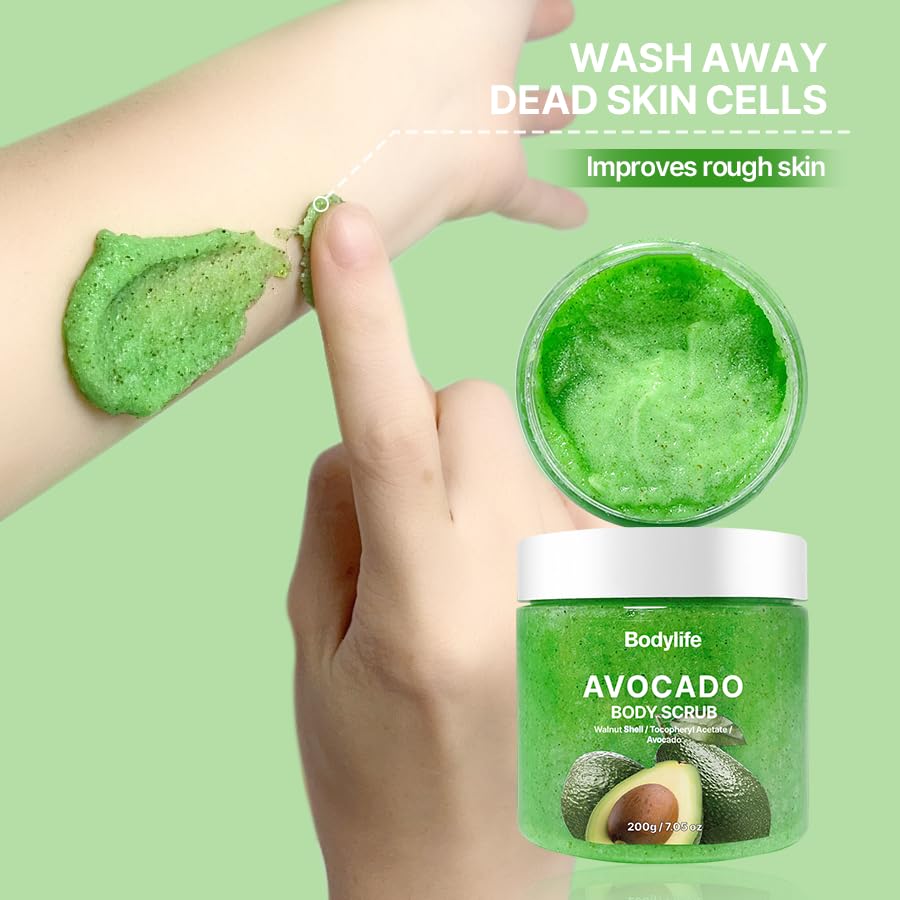 Avocado Body Scrub Exfoliating Sugar Scrub for Body Moisturizing Body Polish Dead Skin Remover Hydrating Shower Bath Body Exfoliator Smooth Soft Skin 10.58 oz