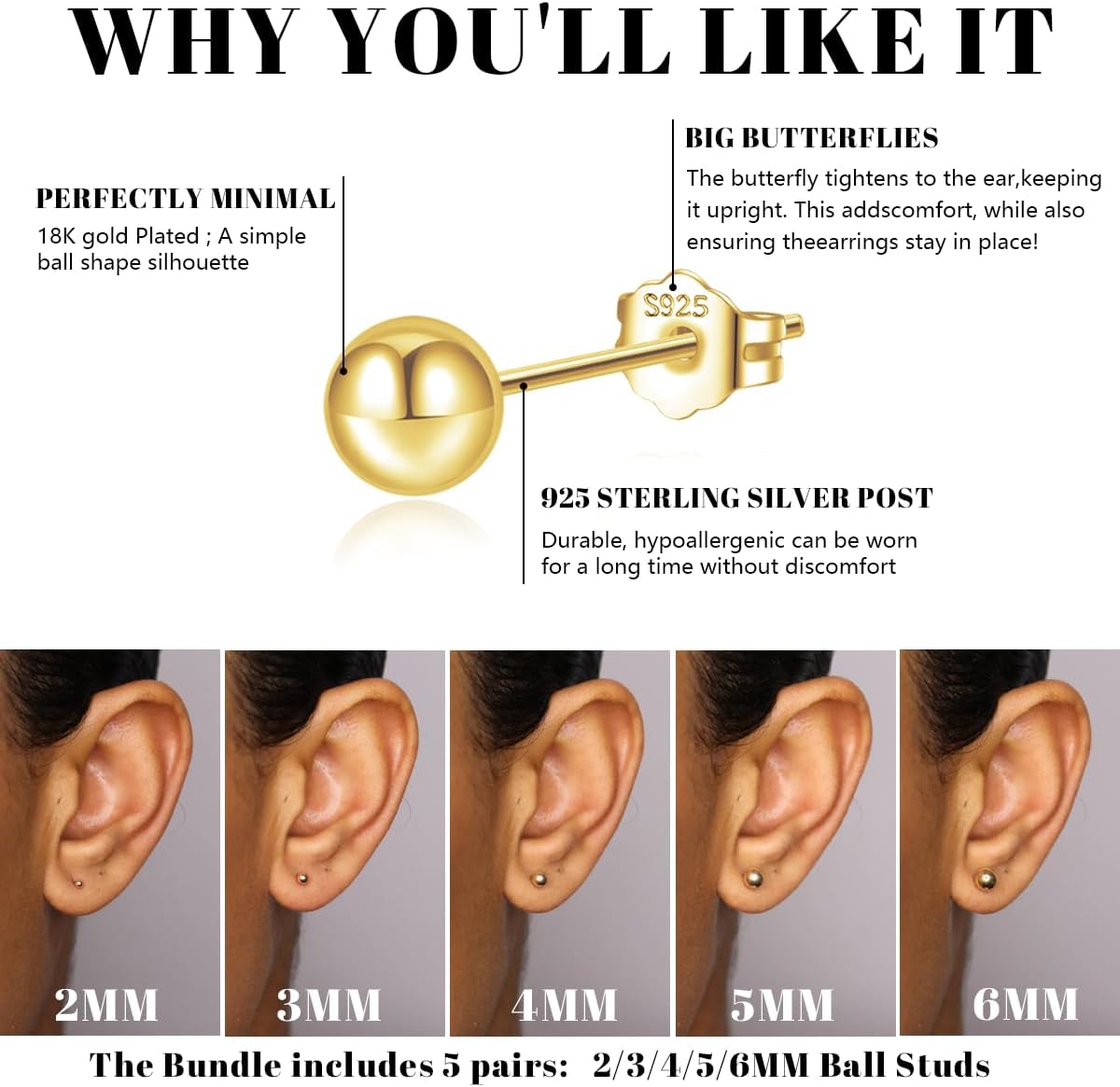 Silver Stud Earrings for Women Hypoallergenic 925 Sterling Silver Pearl Earrings Cubic Zirconia Ball Stud Earrings Set Dainty Earring Sets for Multiple Piercing - Image 4