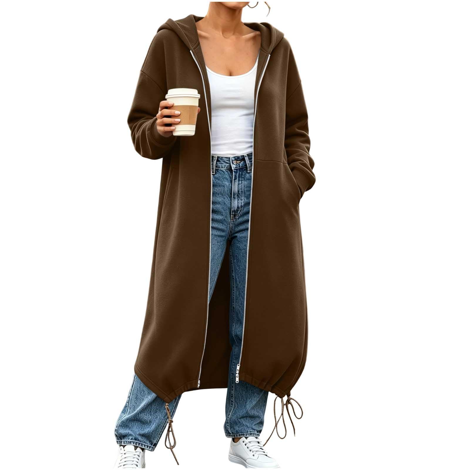 Sweatjacke Damen Lang,Langarm Hoodie Jacke Kapuzenjacke mit Kordelzug Taillen Reißverschluss Sweatshirt Jacke Leichte Pulli Sweatjacke Sweatshirts Kapuzenpullover Streetwear Strickjacke mit Taschen