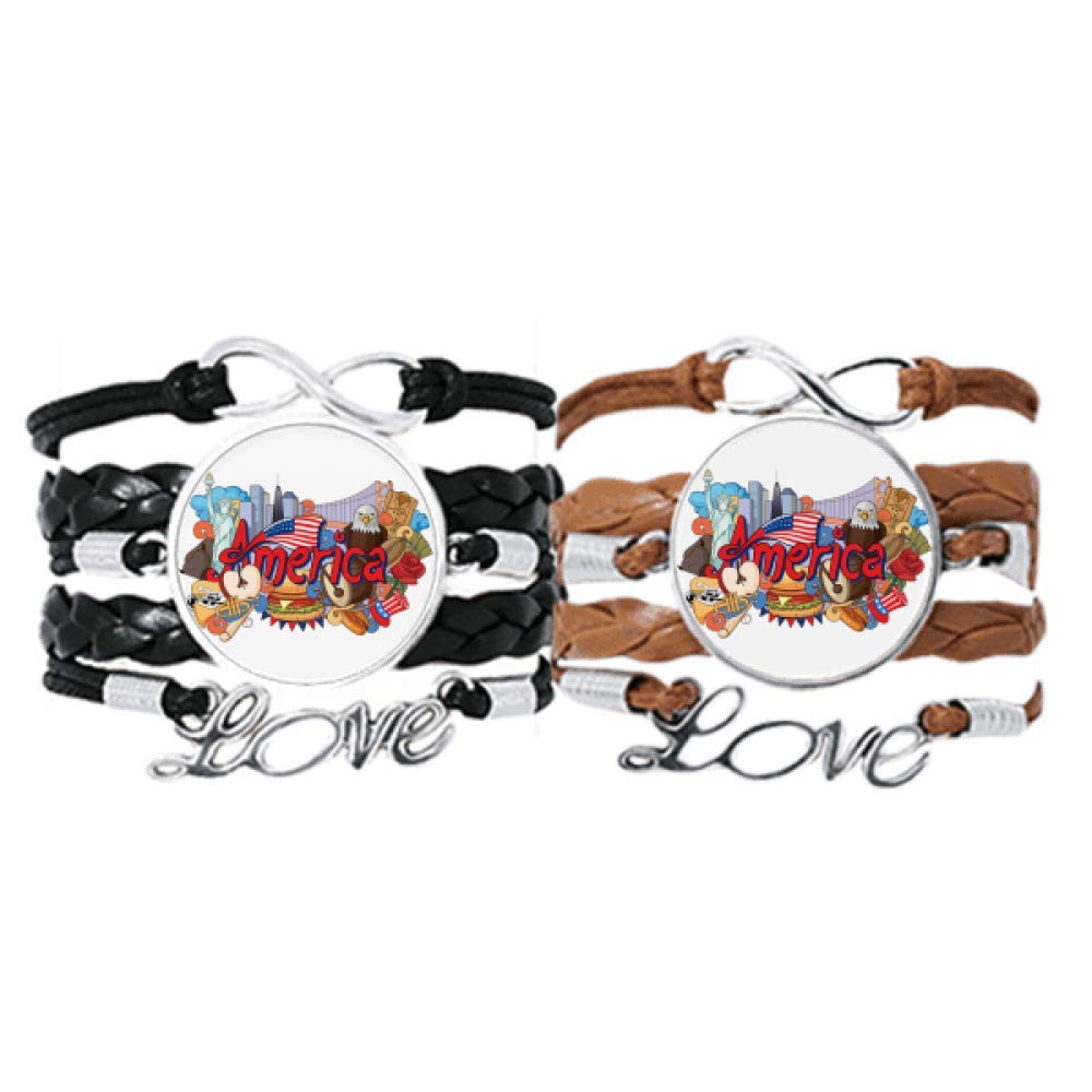 DIYthinkerEagle Liberty Burger America Graffiti Bracelet Hand Strap Leather Rope Wristband Double Set Gift