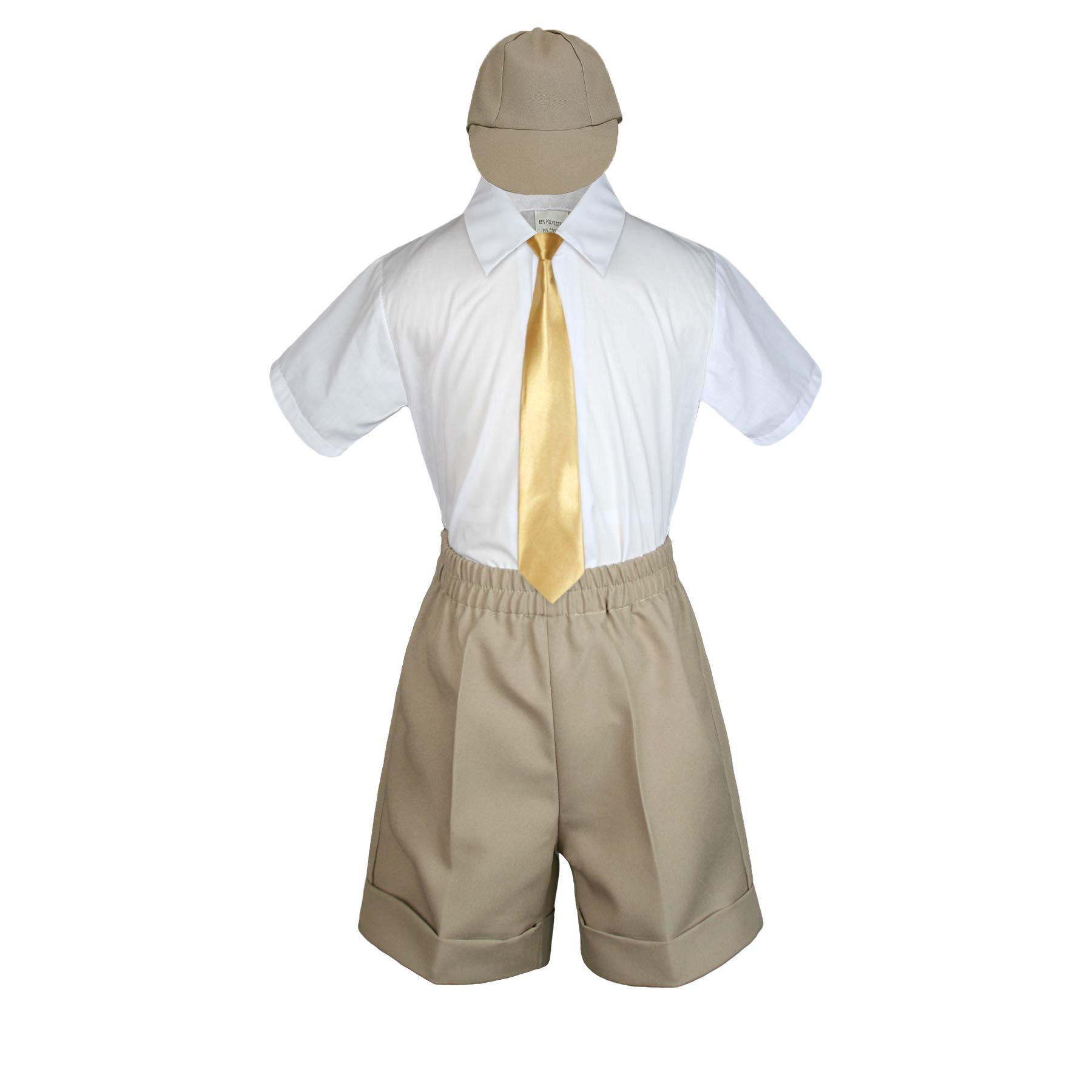 MILLTEX 4 Pieces Formal Party Wedding Color Satin Necktie Shirt W/Hat Khaki Shorts Set New Born Baby Boy Toddler Sm-4T (L (12-18 Months Old), Mustard)