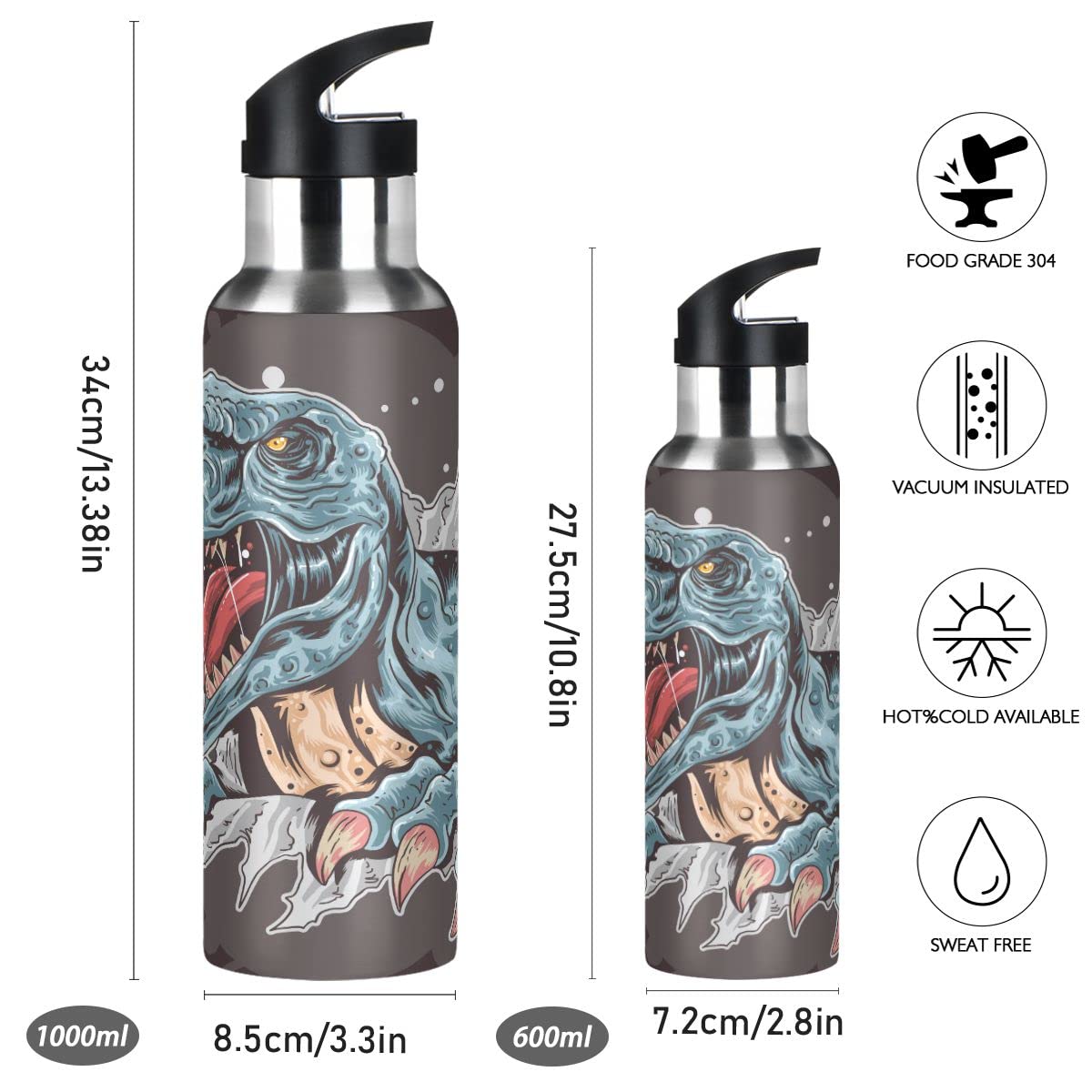 Edelstahl Wasserflasche mit Strohhalm, T-rex Dinosaurier Isolierte Trinkflasche Sport Wasserflasche für Kinder Erwachsene, auslaufsicher, 1L