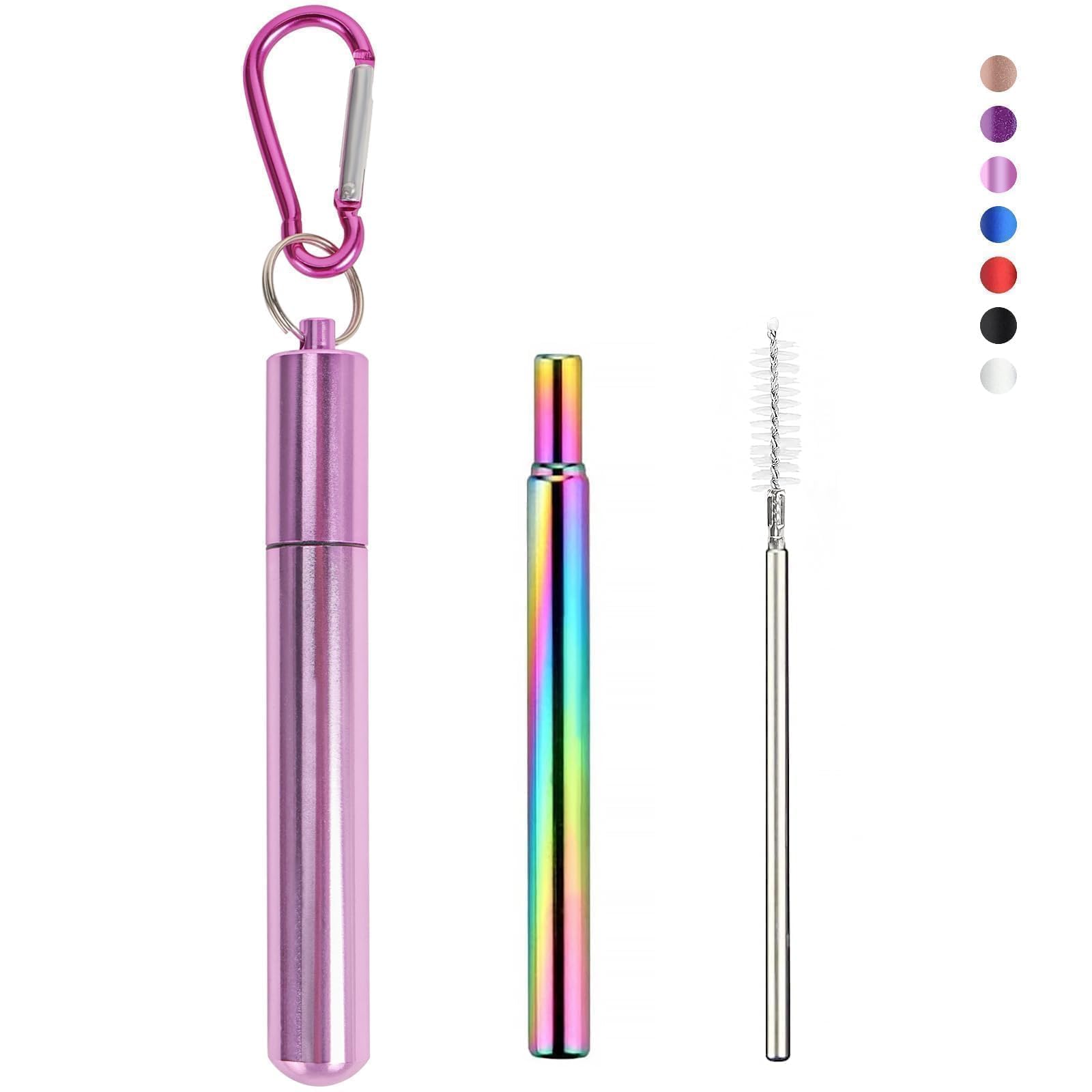 1 Pack Collapsible Stainless Steel Drinking Straws, Metal Reusable Straws, Travel Retractable Straws with 1 Aluminum Case, 1 Cleaning Brush, and 1 Keychains, Cruise Ship Essentials(Pink)