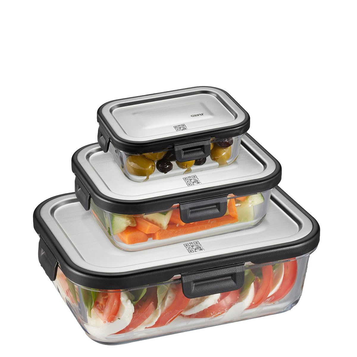 GEFU Set di contenitori salvafreschezza MILO 3 pezzi – intelligente contenitore per il pranzo con freschezza e controllo delle scorte tramite app in vetro con compattazione in silicone e chiusura a