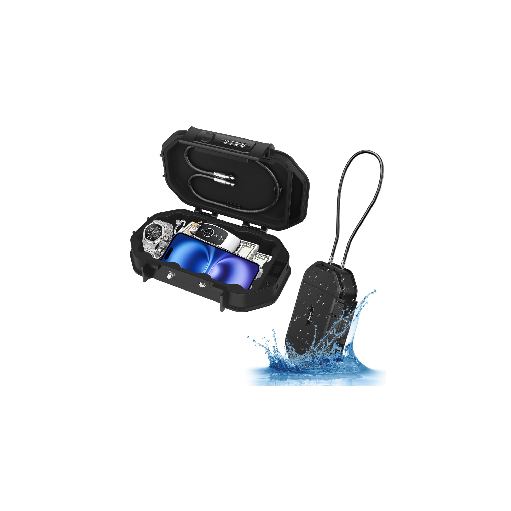 Diyife Portable Safe Travel Lock Box - Upgraded IP68 Waterproof Small Lock Box with Dual Locking, Beach Safe & Tangle-Free Steel Cable for Secure Storage