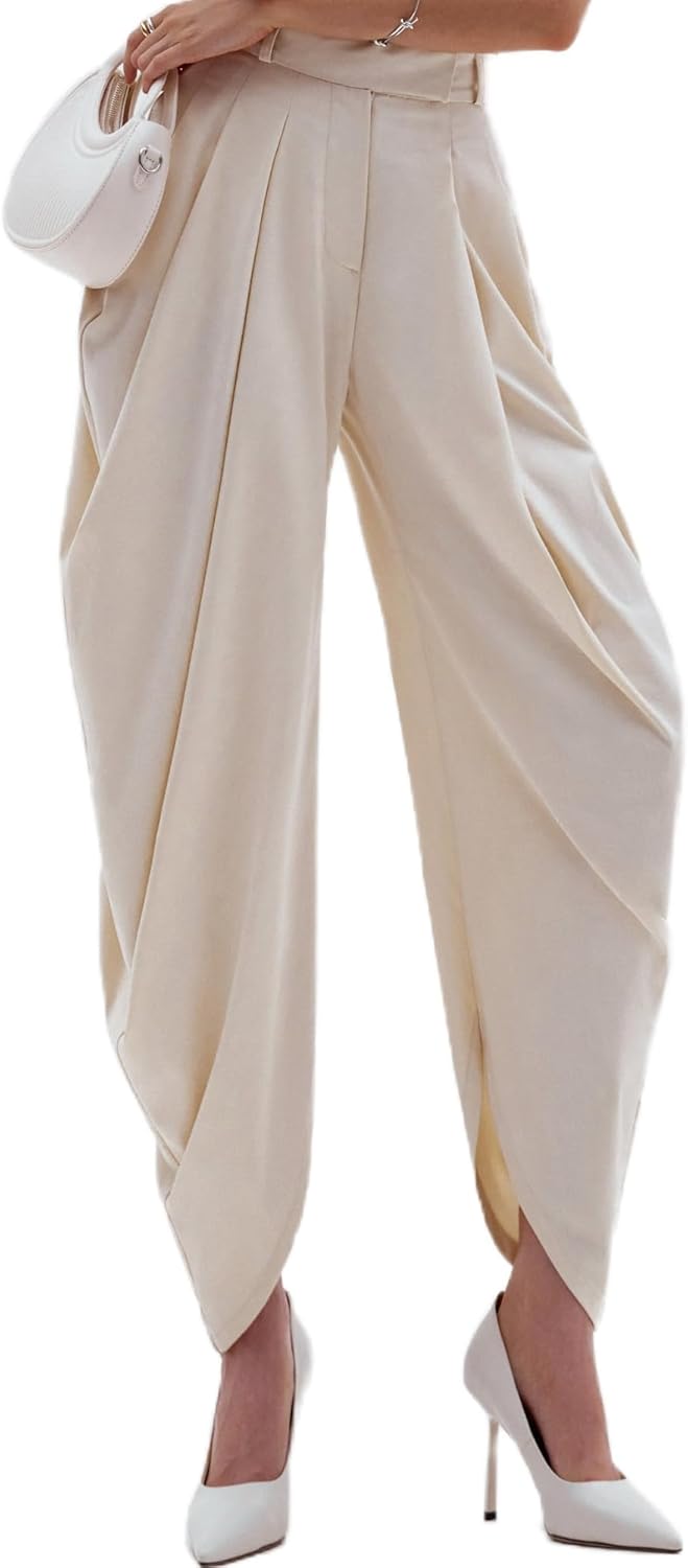 Vaceky Womens Pleated Dress Pant Baggy Harem Slacks Wide Leg Flowy Business Casual Trouser