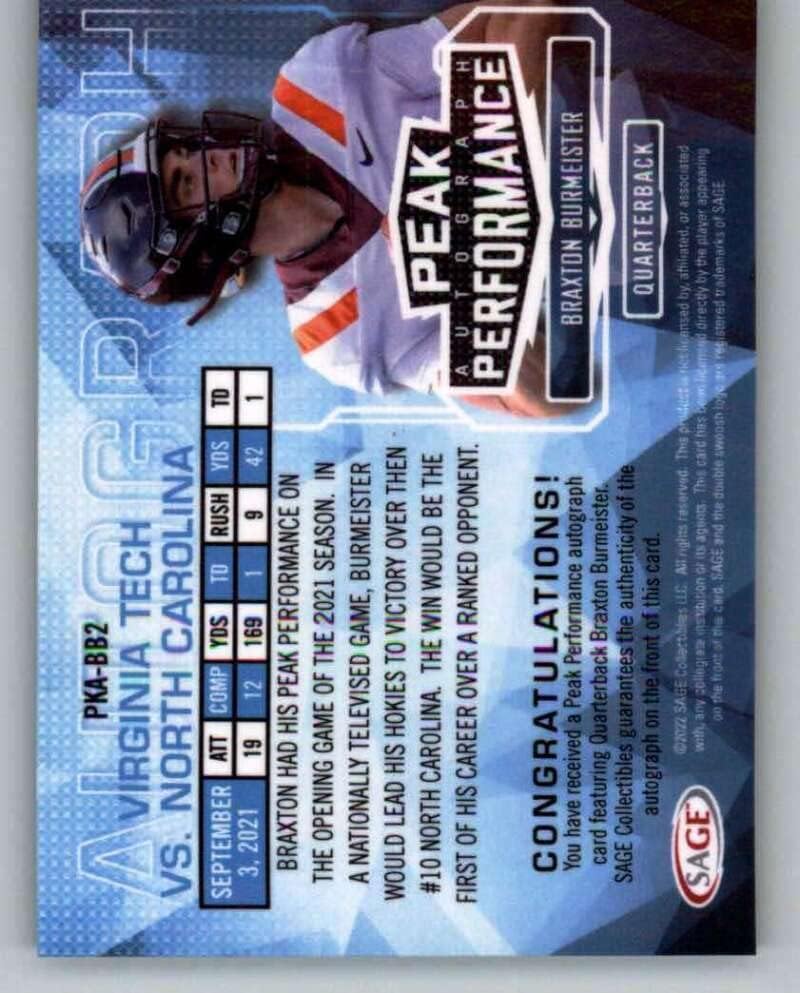 2022 Sage Low Series Peak Performance Autograph Red #PK-BB2 Braxton Burmeister Auto Autograph Virginia Tech Hokies Prospect Football Trading Card in Raw (NM or Better) Condition