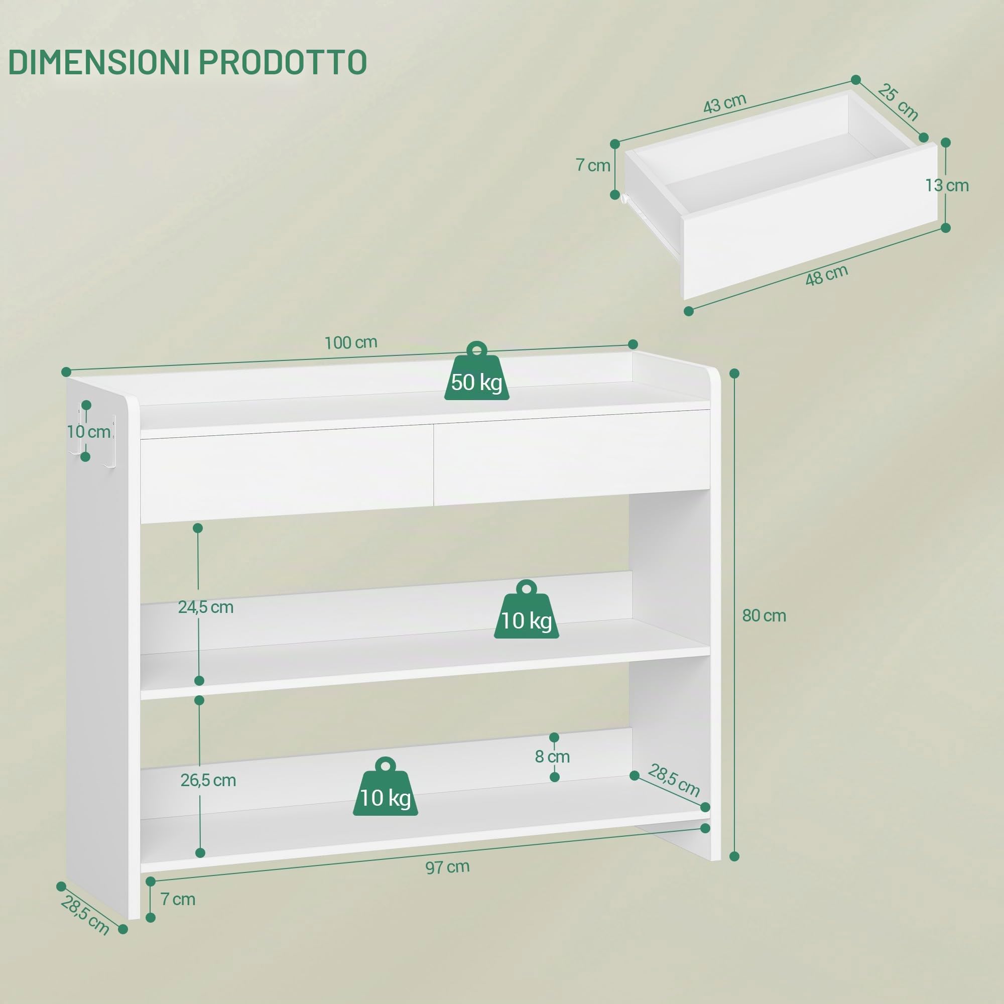 Hzuaneri Tavolo da Console con Ripiani e Cassetti, Mobile Ausiliario in Legno, Due ganci su ogni lato, per Soggiorno, Ingresso, Corridoio, 100×30×80 cm, Bianco CT01603X