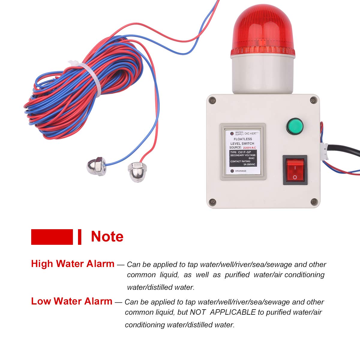 Indicador de nivel de agua, sensor de nivel de agua, alarma de tubería de agua, alarma para sensor de nivel bajo y alto con control de volumen del silenciador.