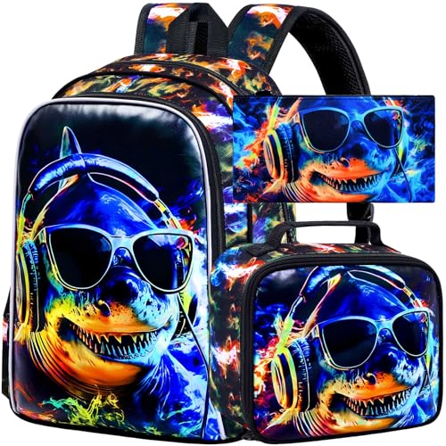 TXHVO 3Pcs Shark Backpack for Boys, 17" School Bookbag with Lunch Box, Kids Backpacks Set for Elementary Preschool Kindergarten(Black)