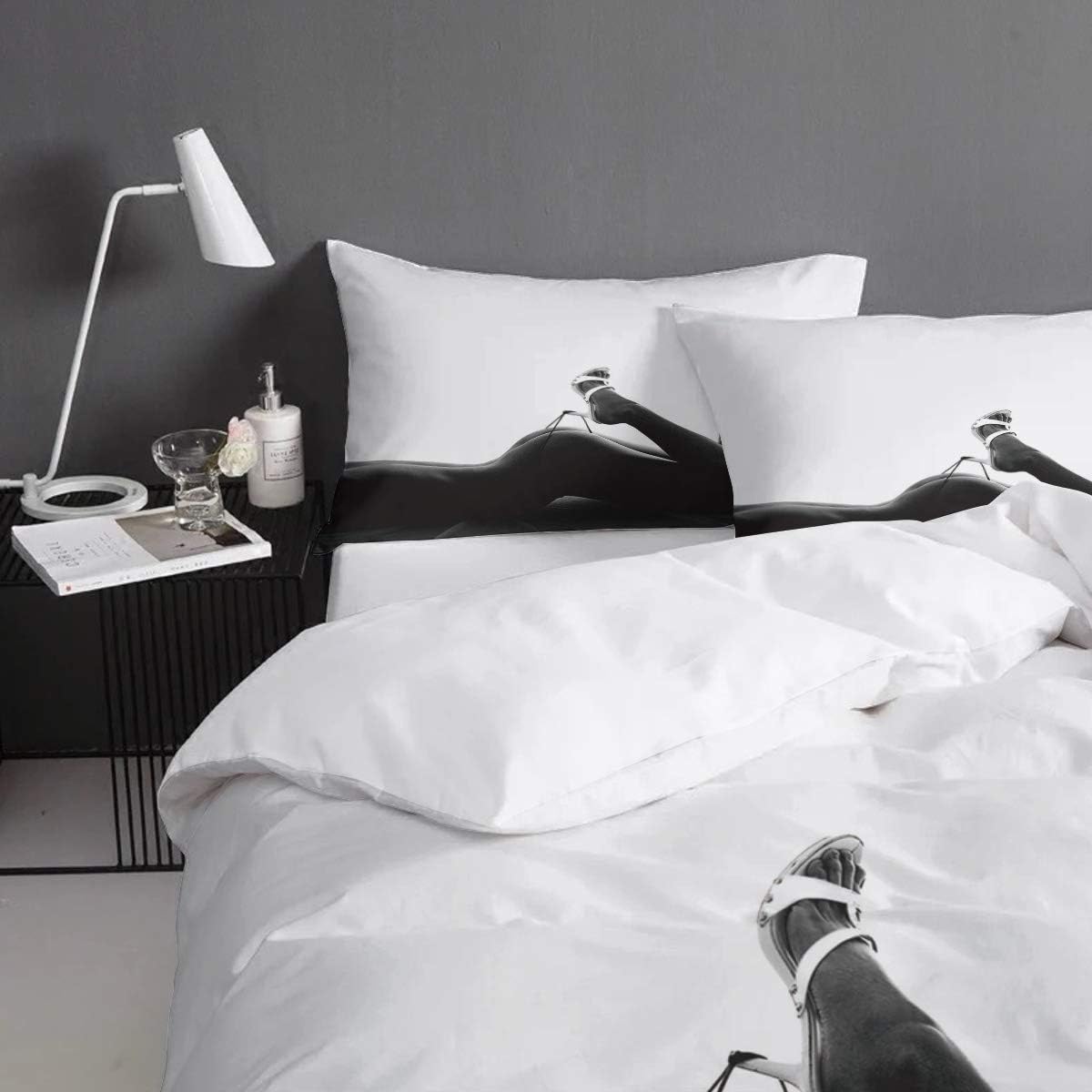 TOP оƒƒERS Luxury 4 Piece Bedding Set California King, Black White Portrait Nude Naked Girl with High Heel Duvet/Comforter/Quilt Cover Set with Bed Sheet Pillow Shams for Kids/Teens/Adults/School