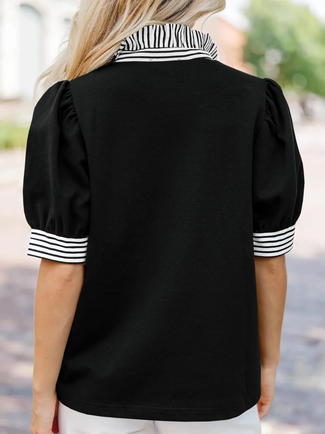 Cicy Bell Womens Summer Puff Sleeve Blouses Casual Dressy Ruffle V Neck Tops Color Block Striped Loose Fit Button Polo Shirts