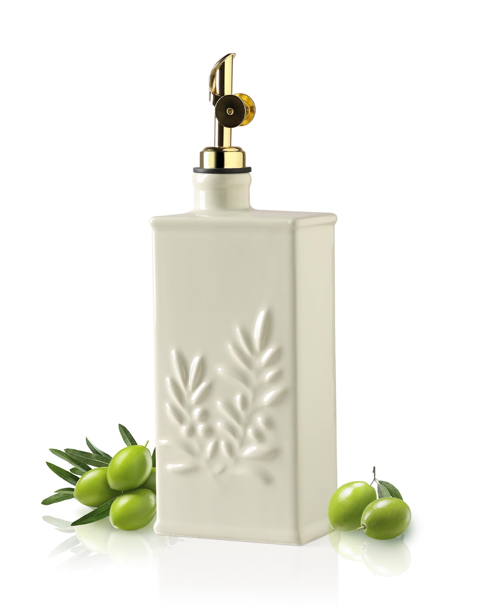 Sweejar Ceramic Olive Oil Dispenser Bottle for Kitchen, 17 Oz Relief Opaque Oil and Vinegar Dispenser Bottle with Spout, Suitable for Soy Sauce, Coffee Syrup, Liquids (Beige)