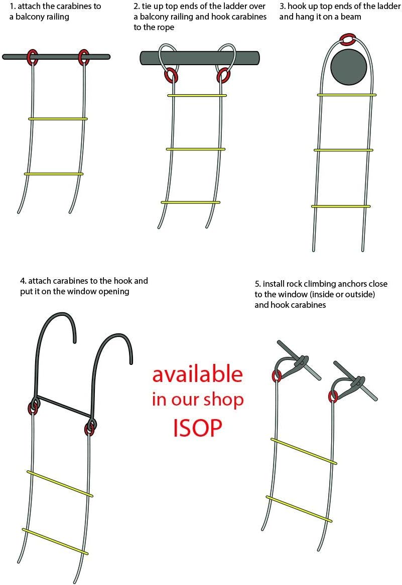 ISOP Fire Escape Ladder for Second Story Windows 8 ft Weather Resistant Safety Rope Ladder with Hooks - Weight Capacity up to 2000 Pounds
