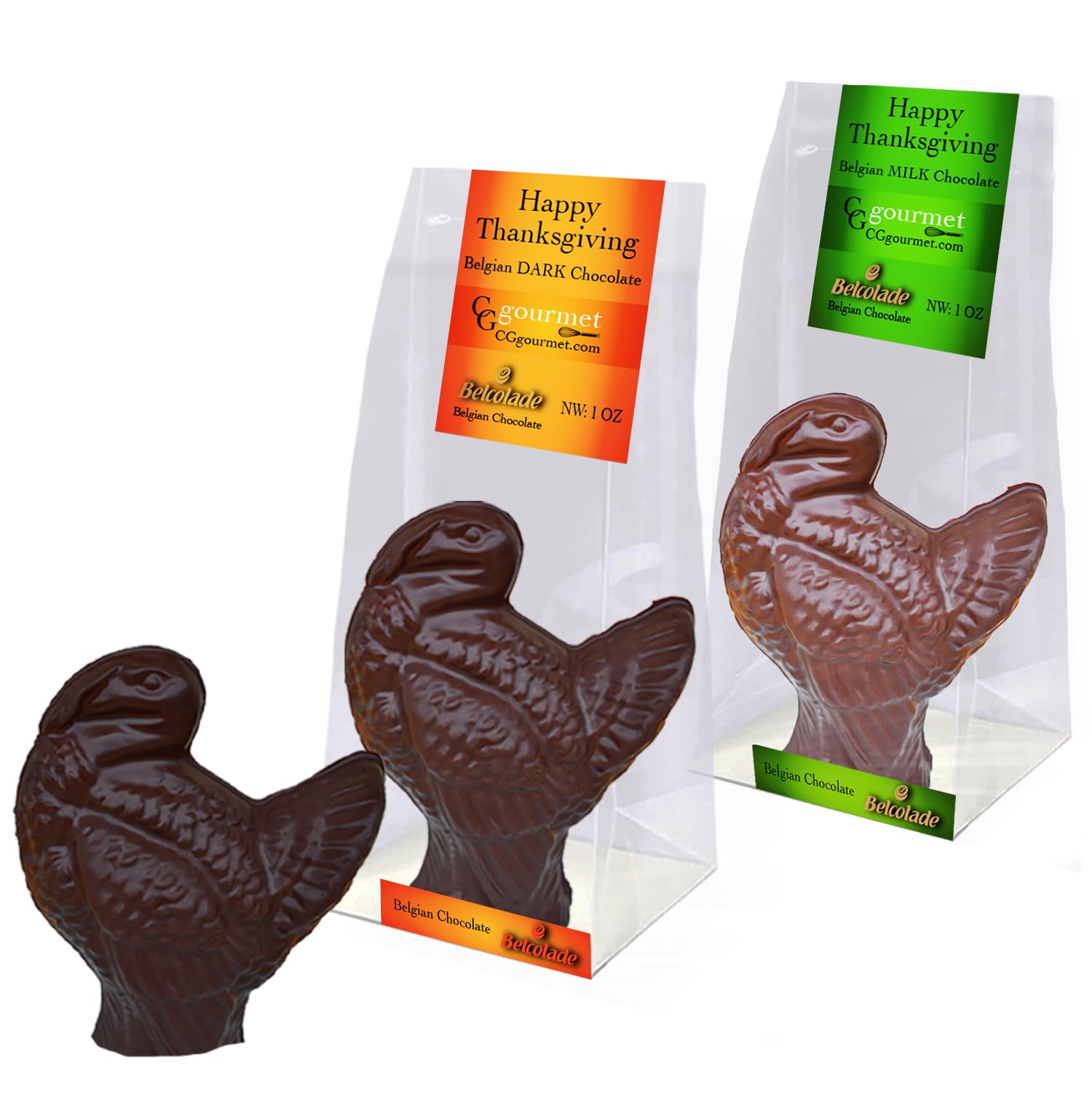 Thanksgiving Milk and Dark Chocolate Turkey Favors, 4 Gift Bags - 3D - Belgian Chocolates