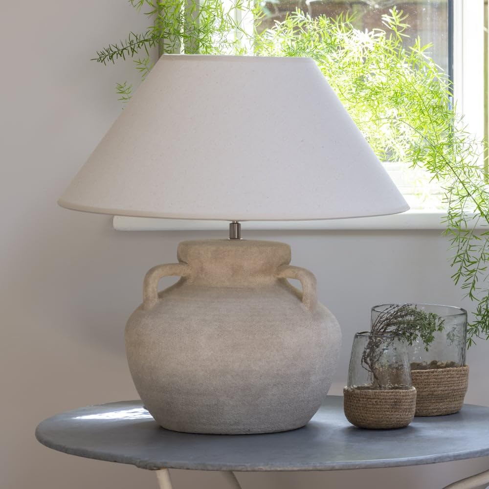 Wholesome Home Large Stone Table Lamp, Rustic with Amphora Base, White Shade, Textured Stone Finish, Farmhouse Style, Living Room Decor