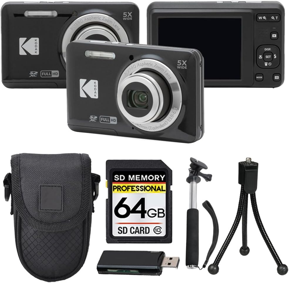 Cámara digital Kodak PIXPRO FZ55, 16MP compacta Point & Shoot, zoom óptico 5X, lente gran angular de 28 mm, video HD 1080P, negro + tarjeta SD de 64 GB, estuche, palo selfie, mini trípode y lector de tarjetas USB