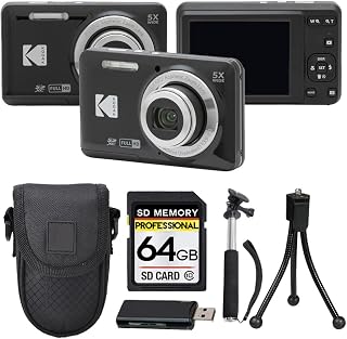 Kodak PIXPRO FZ55 Digital Camera, 16MP Compact Point & Shoot, 5X Optical Zoom, 28mm Wide Angle Lens, 1080P HD Video, Black + 64GB SD Card, Case, Selfie Stick, Mini Tripod & USB Card Reader
