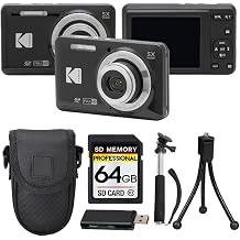 Kodak PIXPRO FZ55 Digital Camera, 16MP Compact Point & Shoot, 5X Optical Zoom, 28mm Wide Angle Lens, 1080P HD Video, Black + 64GB SD Card, Case, Selfie Stick, Mini Tripod & USB Card Reader