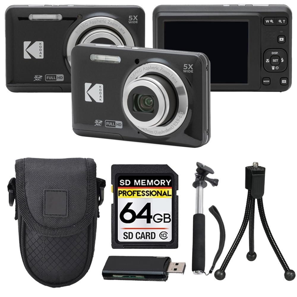 Kodak PIXPRO FZ55 Digital Camera, 16MP Compact Point & Shoot, 5X Optical Zoom, 28mm Wide Angle Lens, 1080P HD Video, Black + 64GB SD Card, Case, Selfie Stick, Mini Tripod & USB Card Reader-image-16