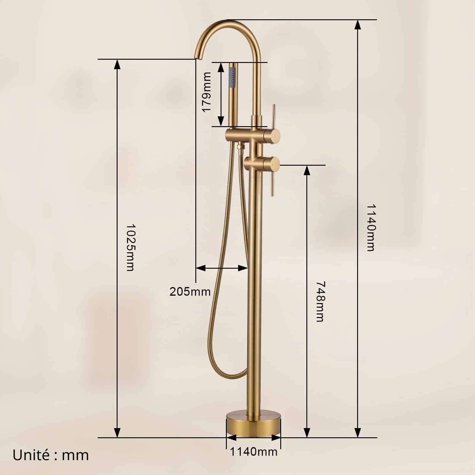 ARCORA Robinet de Baignoire sur Pied, Robinet de Bain avec Douchette et Tuyaux, Bec Pivotant À 360°, Mitigeur Cartouche en Céramique, Douche à Double Mode, pour Baignoires d'Hôtel ou Domestiques, Or