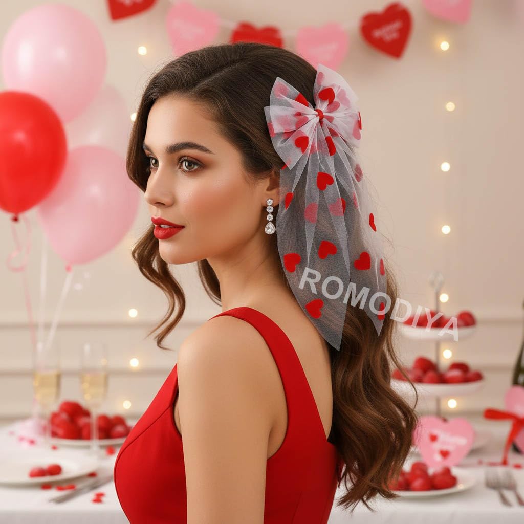 1 Pack Valentine’s Day Heart Hair Bow Clips Big Bow Hair Barrette White Transparent Mesh Handmade Ribbon Bowknot Hair Clips Non-slip Alligator Hair Accessories for Valentine’s Day Party Supplies Gifts image 5