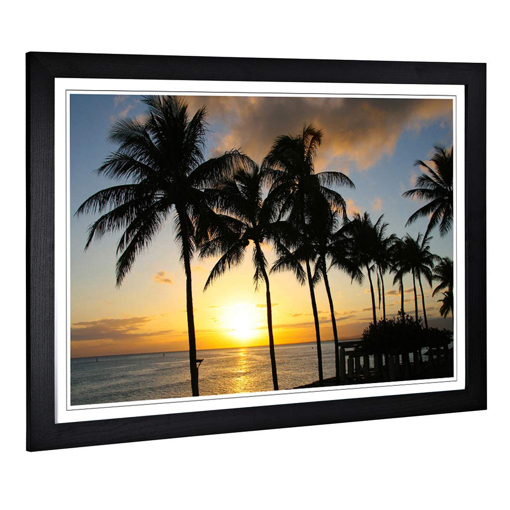 Big Box Art Framed Print of Seascape Hawaii Sunset Palm Trees Design | Wall Art Picture | Home Decor for Kitchen, Living Room, Bedroom, Hallway, Black, A2 / 24.5x18 Inch / 62x45cm