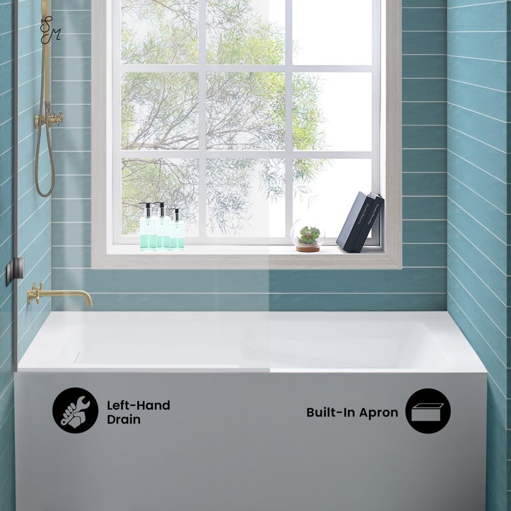 Swiss Madison Voltaire 60 x 32 Skirted Left Drain Soaking Apron Bathtub in Glossy White with Integrated Overflow and Armrest, Drain Included