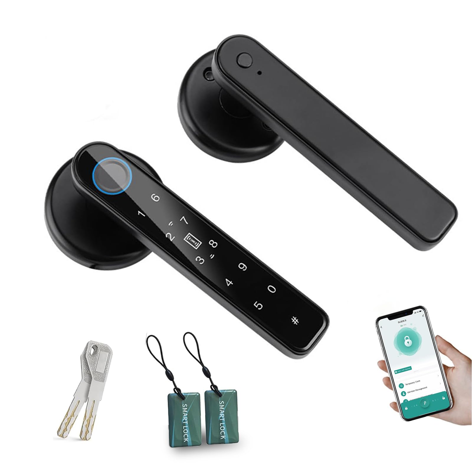 Smart Door Lock, 6-in-1 Door Handle Electronic Keyboard Password/APP/IC Card/Fingerprint/Keys/NFC Smart Lock Biometric Identification Key Digital Electronic Door Home Office Apartment