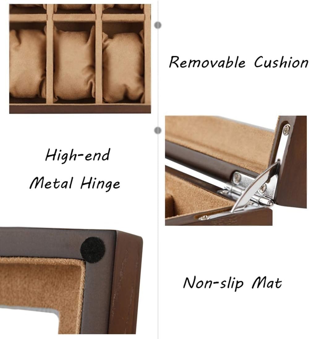 Caja de madera con 10 ranuras para relojes, joyas, expositores, colecciones de pulseras, organizadores con 10 cojines extraíbles y cierre de metal (beige)