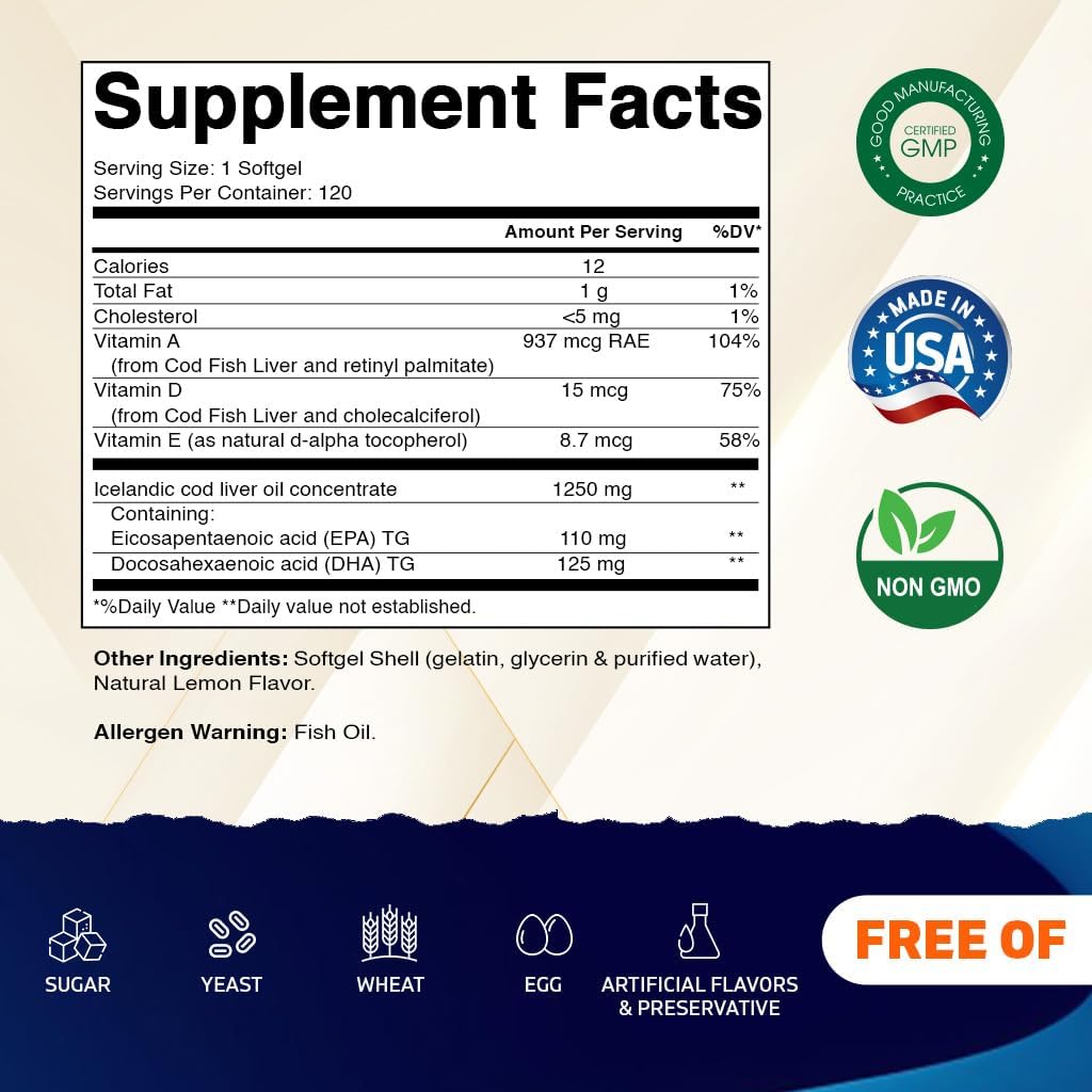 Vitamatic Icelandic Cod Liver Oil Capsules 1250mg 120 Softgels (Lemon Flavor) - Promotes Cardiovascular Health - Image 2