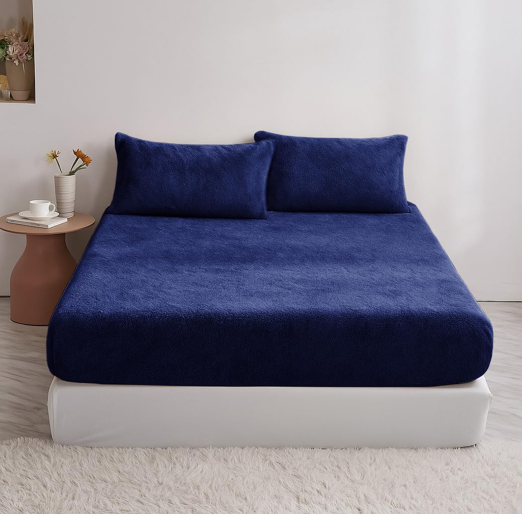 VAS COLLECTIONS Luxury Warm Winter Elastic Fitted Bedsheet with 2 Pillow Covers – Ultra Soft Flannel Velvet Touch, Cozy & Wrinklefree lintfree Size - 78x72+10 Inches (Navy Blue)-image-22