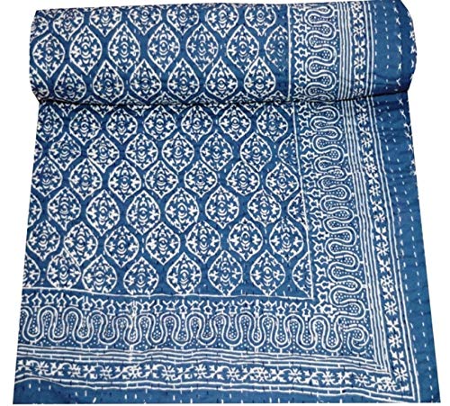 YUVANCRAFTS Indian Handmade Cotton Kantha Quilt Hand Block Print Twin Quilt Blanket Bedspreads Throw (Twin Size)
