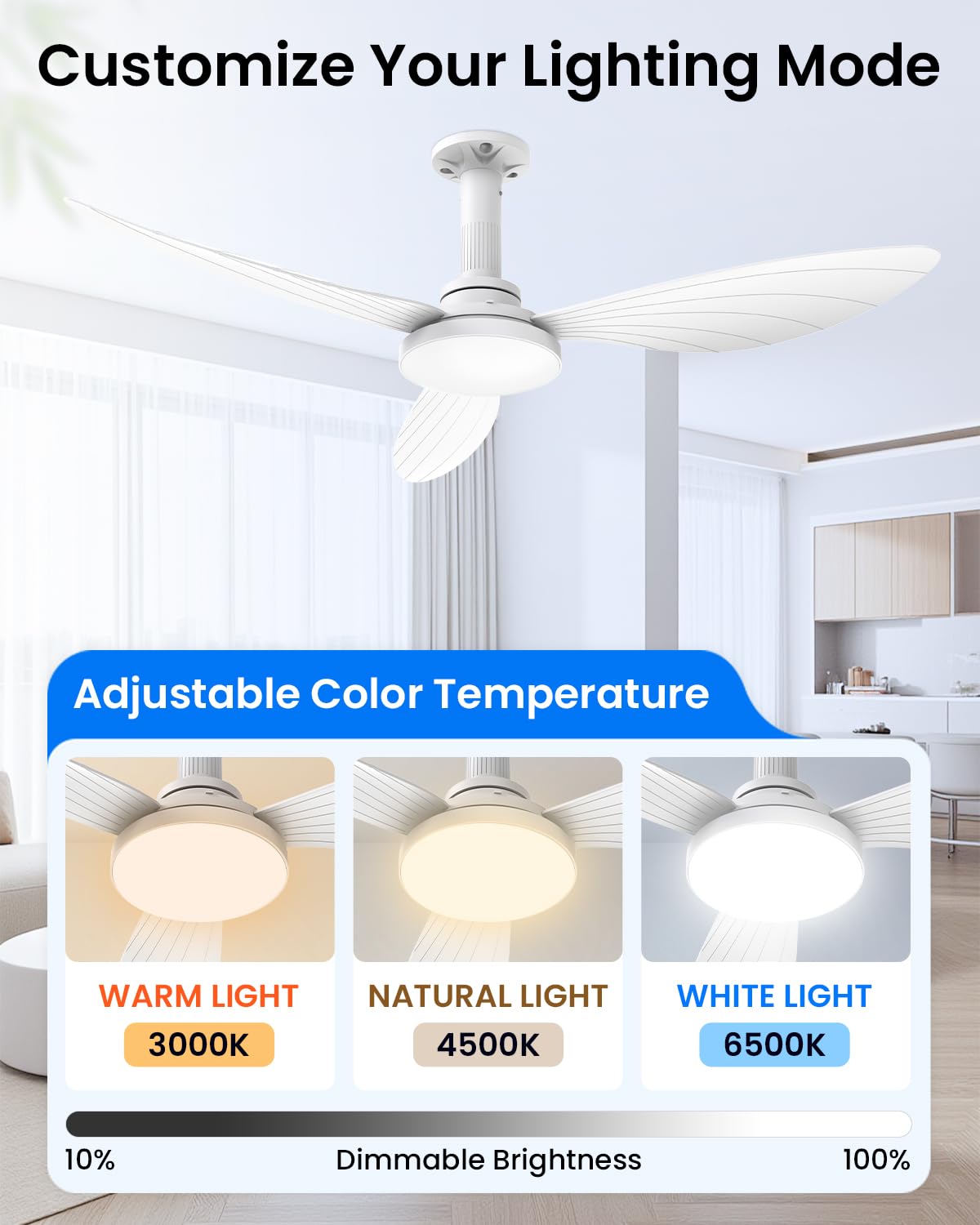 Hisummer 106cm Ventilador de Techo con Luz, Conexión E27 Solo con Soporte Incluido, Montaje Rápido Ventilador Techo Silencioso con Mando, Motor DC Reversible para Dormitorios Salón y Cocina