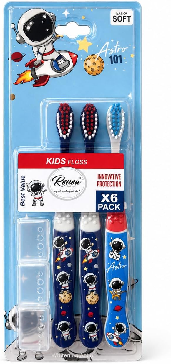 Renew The Life Kids Toothbrush - Mermaid at Heart, Soft Bristle Manual Travel Tooth Brush with Caps for Boys & Girls, Extra Soft, 3 Pack