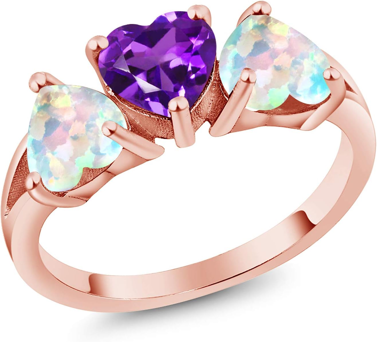 Gem Stone King 2.30 Cttw Purple Amethyst and White Simulated Opal 18K Rose Gold Plated Silver Ring for Women | 3 Stone Wedding Engagement Anniversary Promise Ring For Women