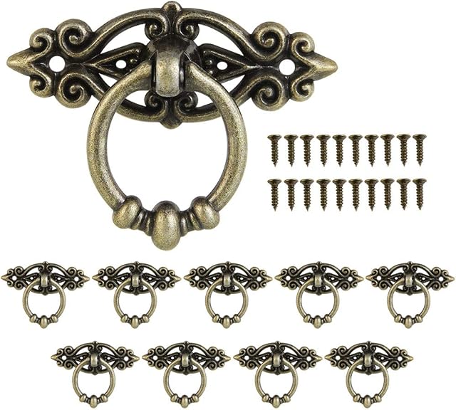 OLRWSLG 10 Pack Antique Handles Zinc Alloy Vintage Cabinet Handles Older Brass Drawer Pull Handles Cooper Ring Door Knob for Kitchen Bedroom Cupboard Cabinet Wardrobe Dresser with Screw 65 * 32mm