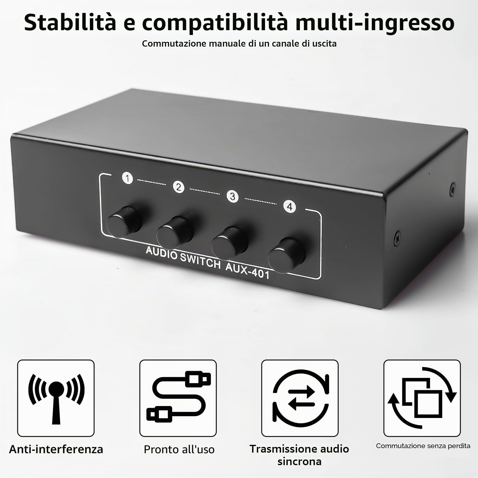Interruttore e commutatore 4 in 1 out, 3,5 Mm Aux + RCA L/R, bidirezionale, scatola di selezione audio, splitter audio video per cuffie