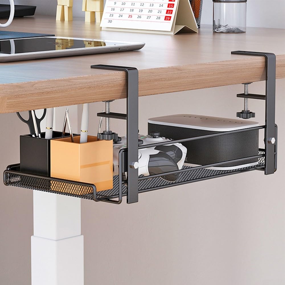 Organizer per cavi sotto la scrivania, senza trapano, organizer per cavi da scrivania in acciaio con ripiano regolabile, adatto a cavi e prese elettriche, facile installazione (nero L)