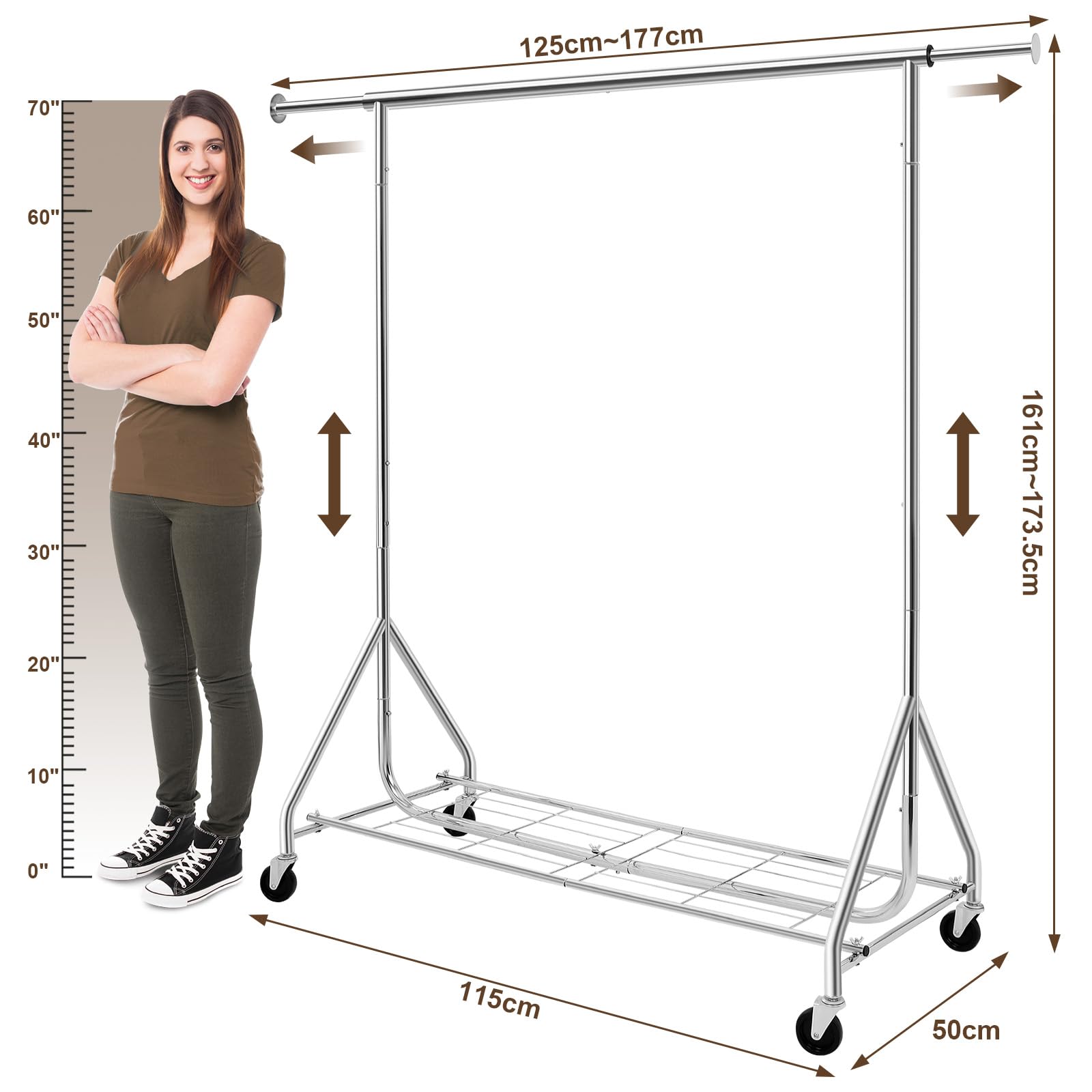 Kleiderständer auf Rollen, Garderobenständer, Kleiderstange Ausziehbar | Metall Schwerlast mit Aufbewahrungsgitter, bis 210 kg belastbar, Länge 125-177 cm, für Schlafzimmer, Garderobe, Waschküche